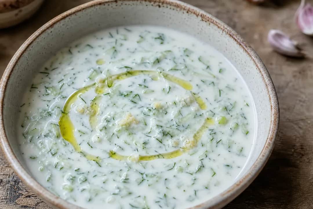 Chilled soup with creamy yogurt, diced cucumbers, and fresh dill garnish in a bowl.