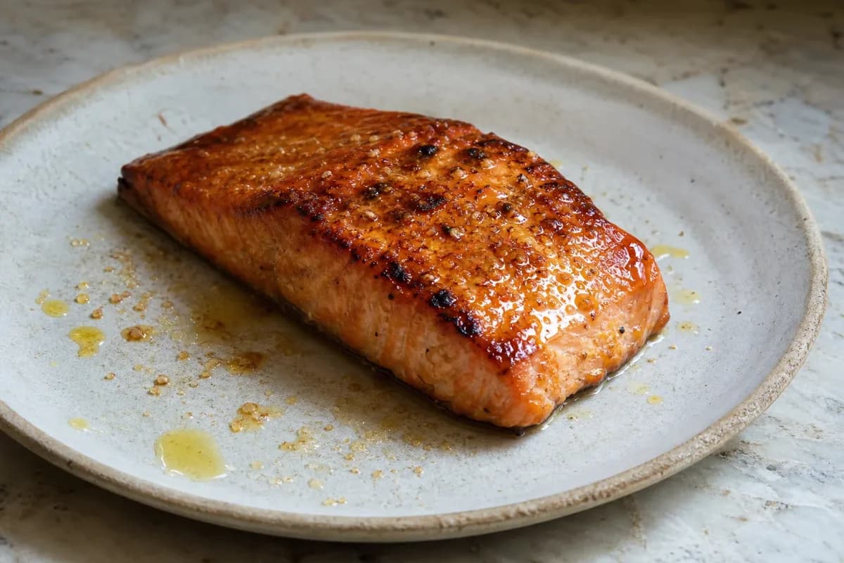 Plated salmon fillet glazed with maple syrup and Dijon mustard, garnished with herbs.