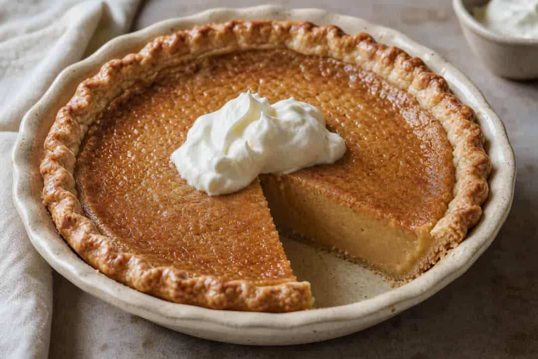 A slice of Canadian Maple Sugar Pie with a creamy texture and rich golden filling, garnished with a light dusting of powdered sugar.