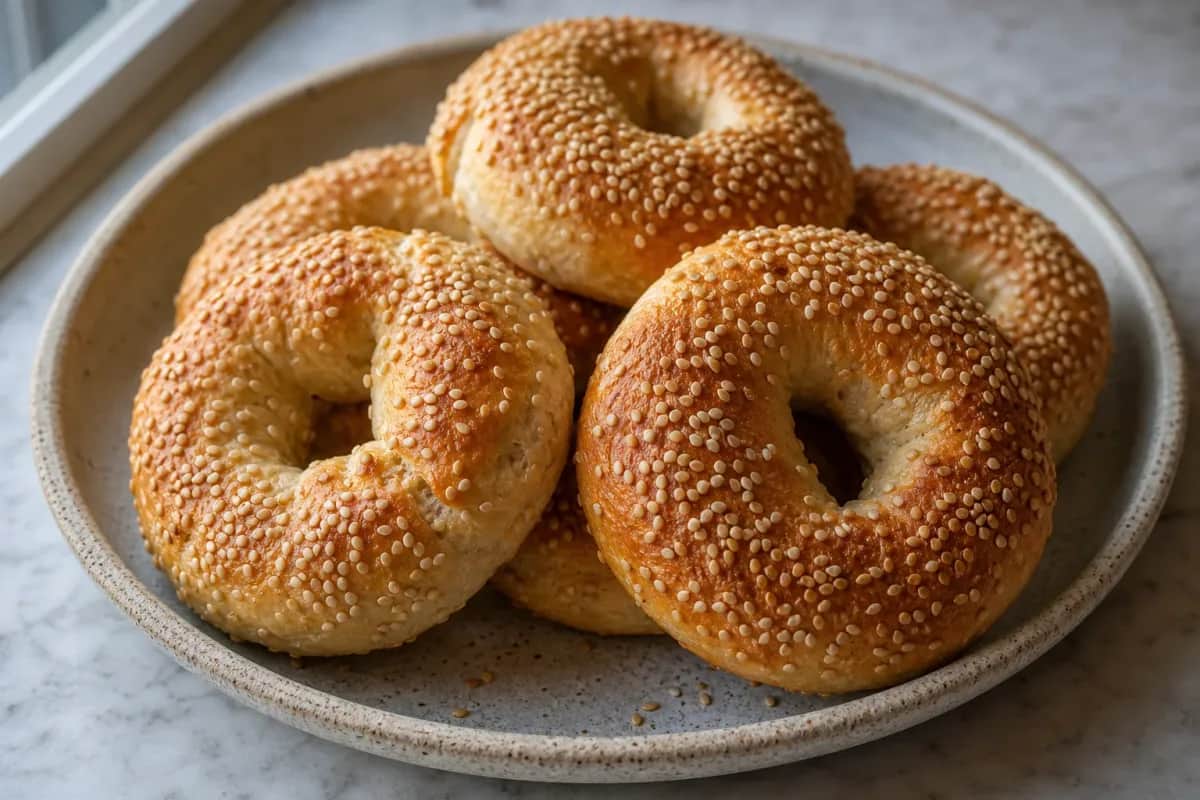 Golden brown Montreal-style bagels topped with sesame seeds, served on a wooden board.