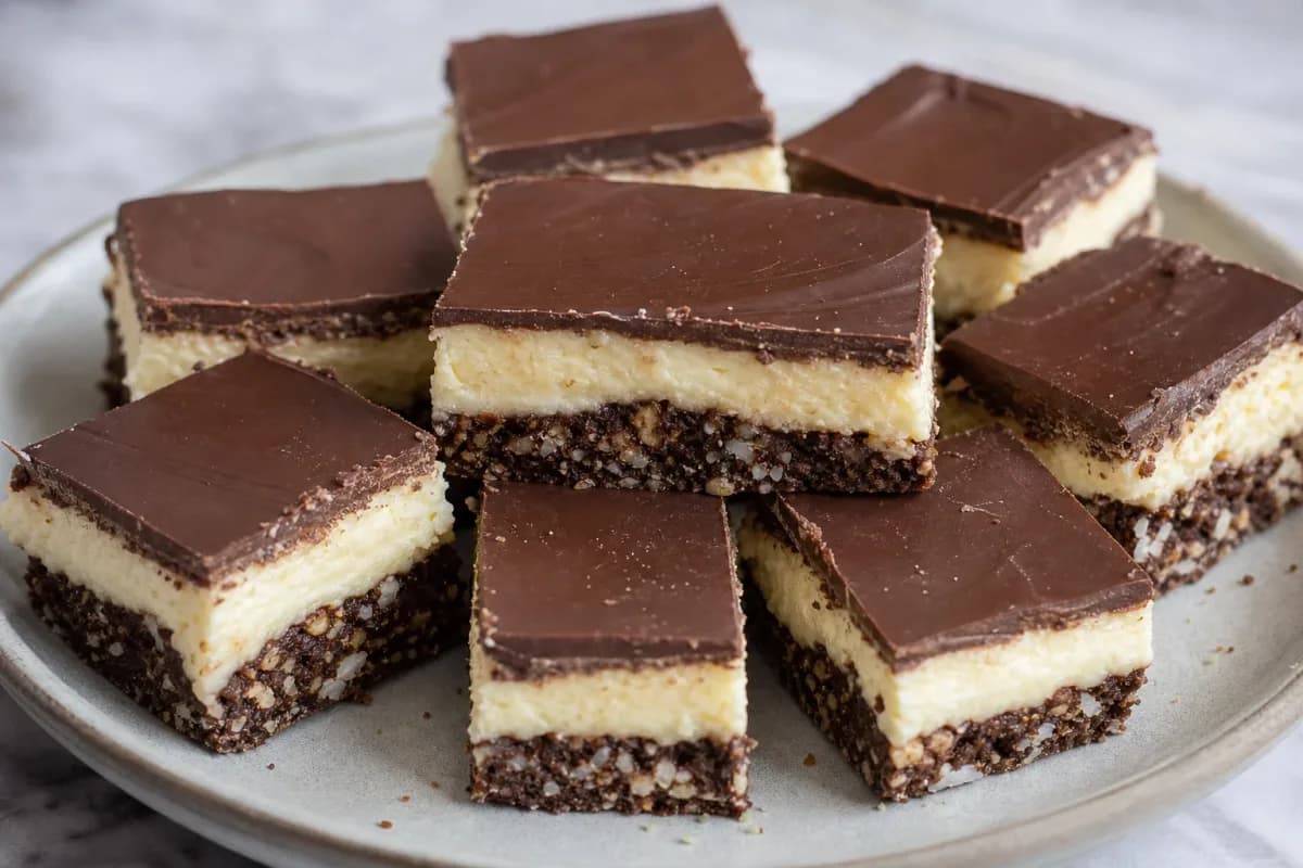 Layered Nanaimo bars showcasing chocolate, custard, and crumbly base.