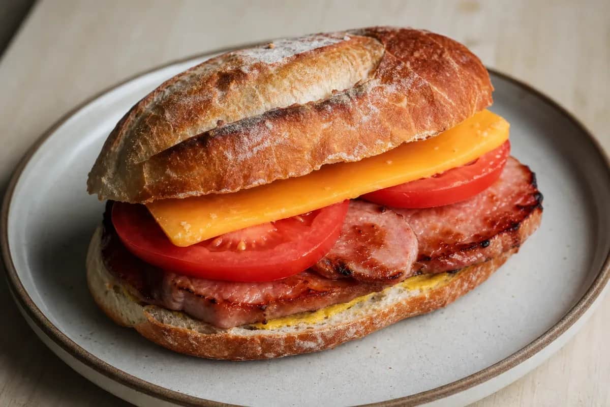 A hearty sandwich with golden peameal bacon, mustard, and fresh lettuce on crusty bread, garnished with pickles.