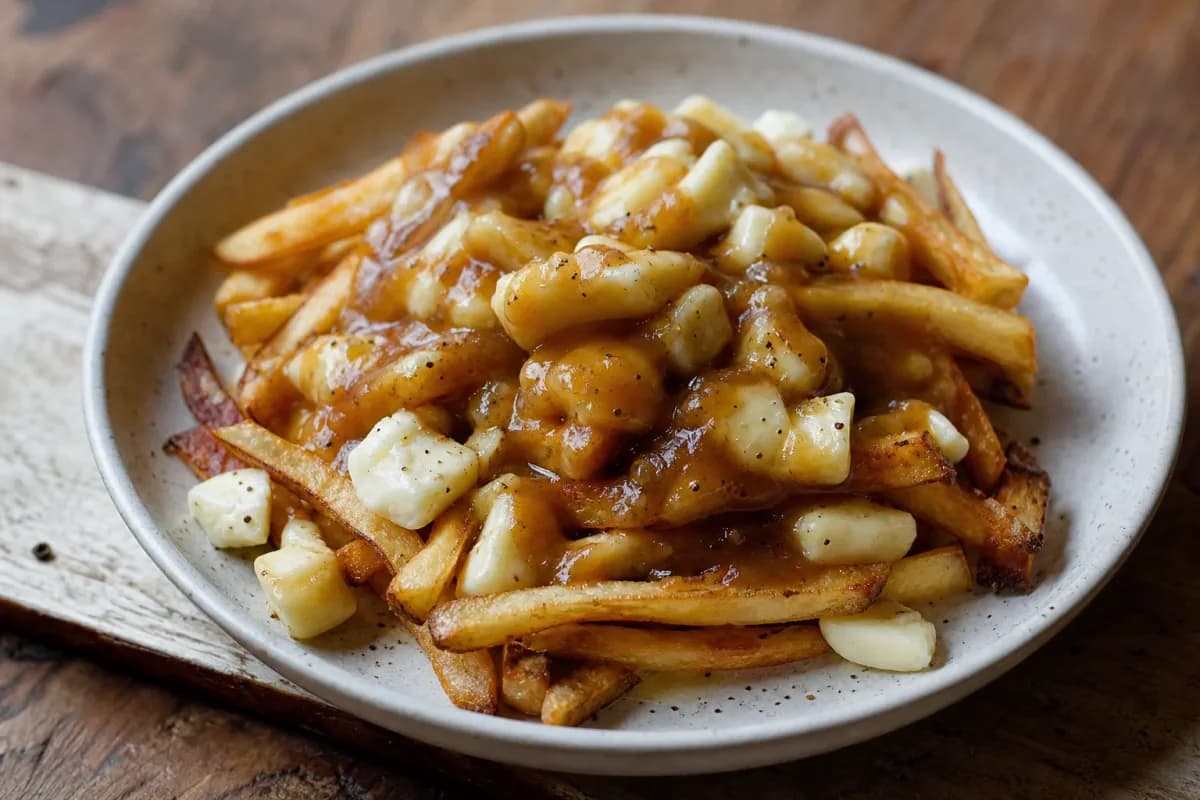 Crispy fries topped with cheese curds and rich brown gravy, garnished with herbs.