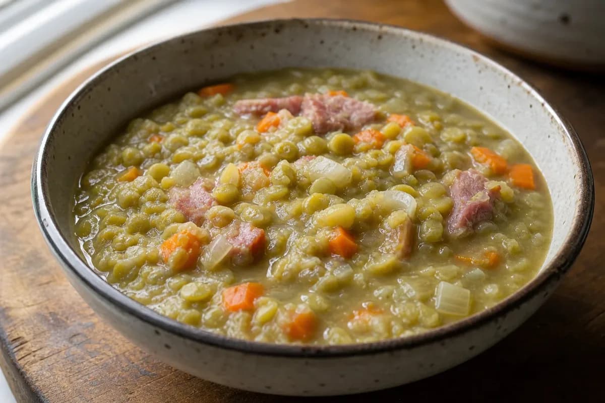 Thick and creamy split pea soup topped with diced smoked ham and fresh herbs in a bowl.