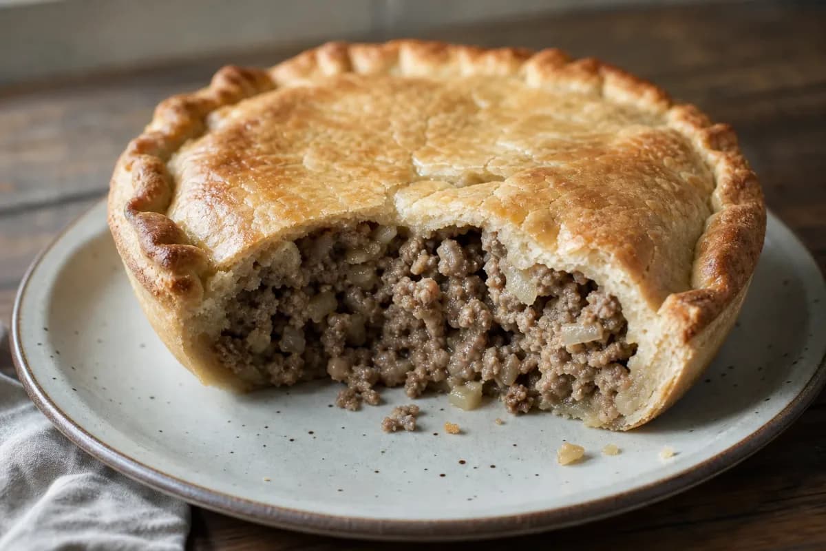 Golden-brown tourtière with flaky crust, filled with seasoned pork and spices, garnished with herbs.