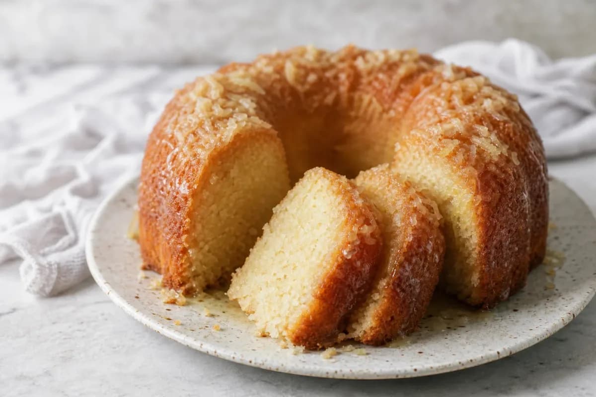 Moist coconut rum cake topped with a glossy pineapple glaze and garnished with coconut flakes.