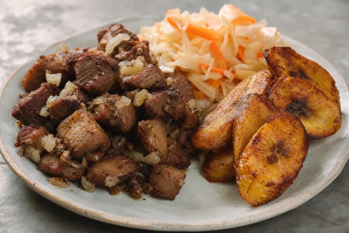 Caribbean Haitian Griot with Pikliz and Fried Plantains