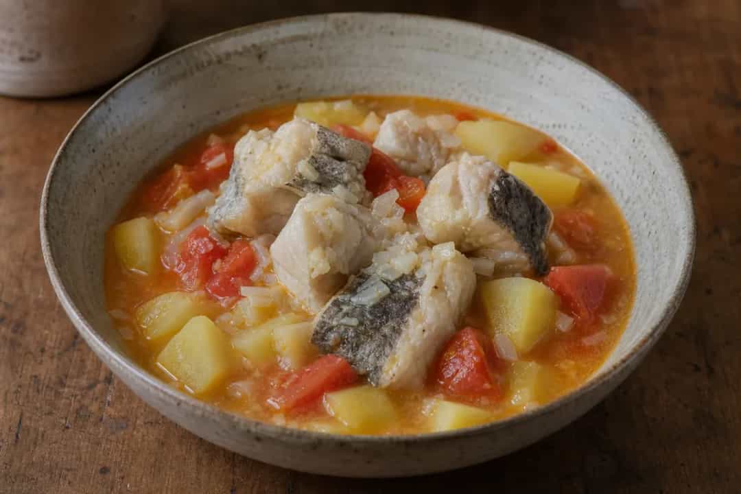 A hearty bowl of Caldillo de Congrio featuring tender fish, diced tomatoes, and chunks of potatoes in a rich broth.