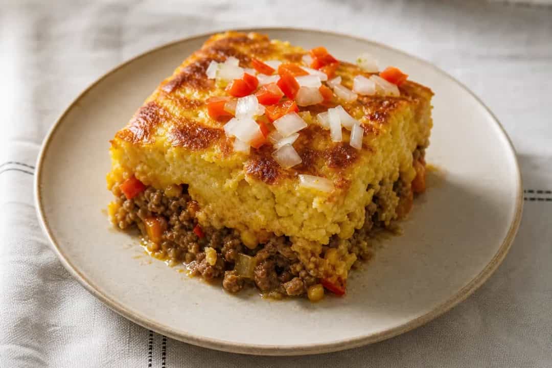 A golden-brown pastel de choclo with creamy corn topping, beef filling, and a crispy surface.