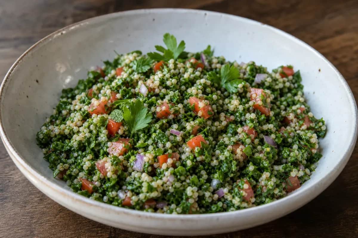 Vibrant tabbouleh salad with finely chopped parsley, mint, and bulgur, garnished with tomatoes and lemon wedges.