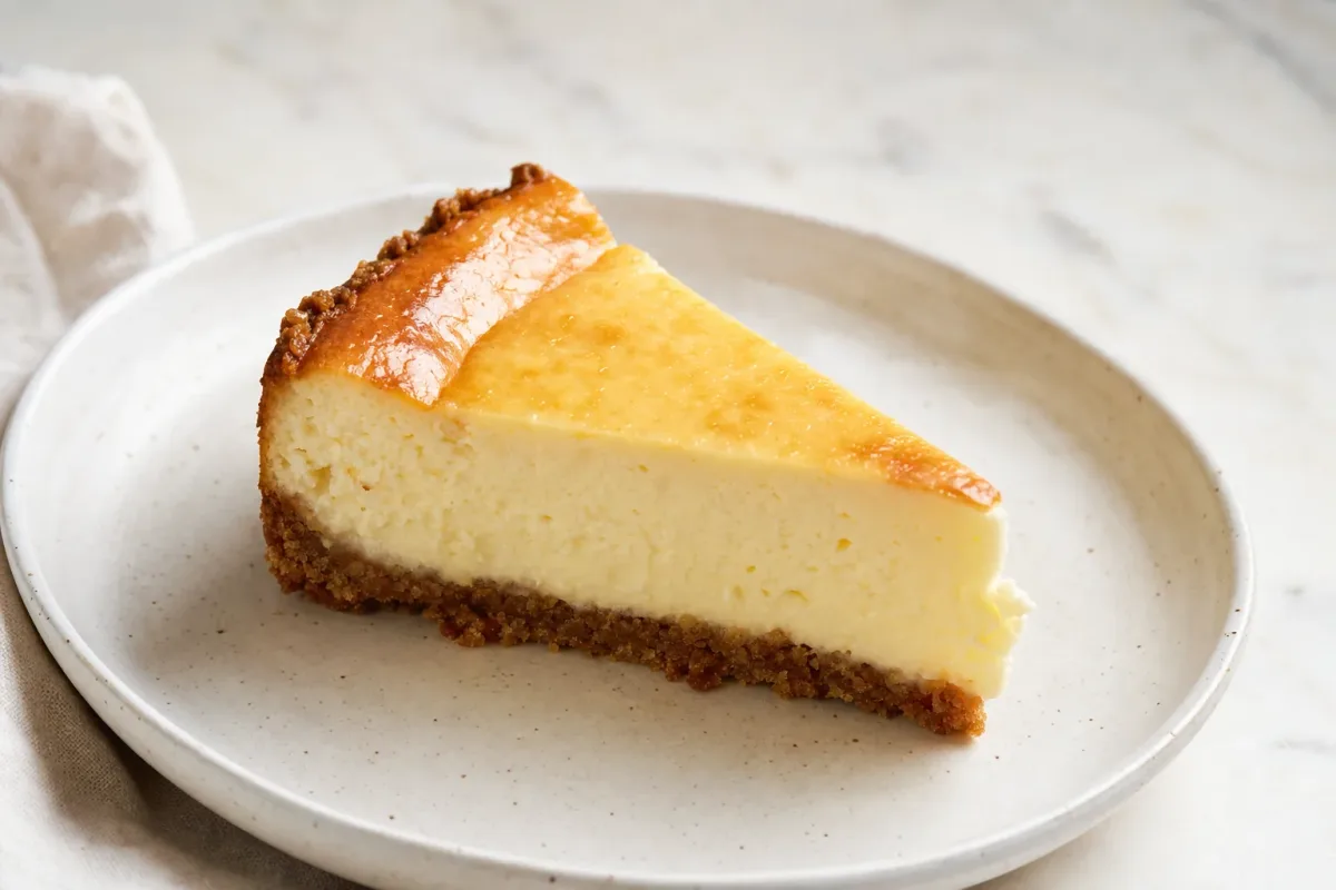 Smooth and creamy New York cheesecake topped with a fresh berry garnish on a graham cracker crust.