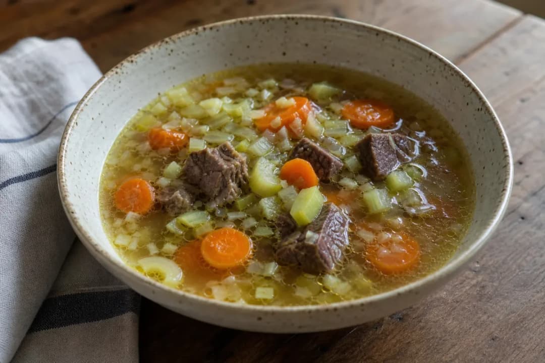 Bowl of beef noodle soup with tender beef, fresh noodles, and herbs garnished.