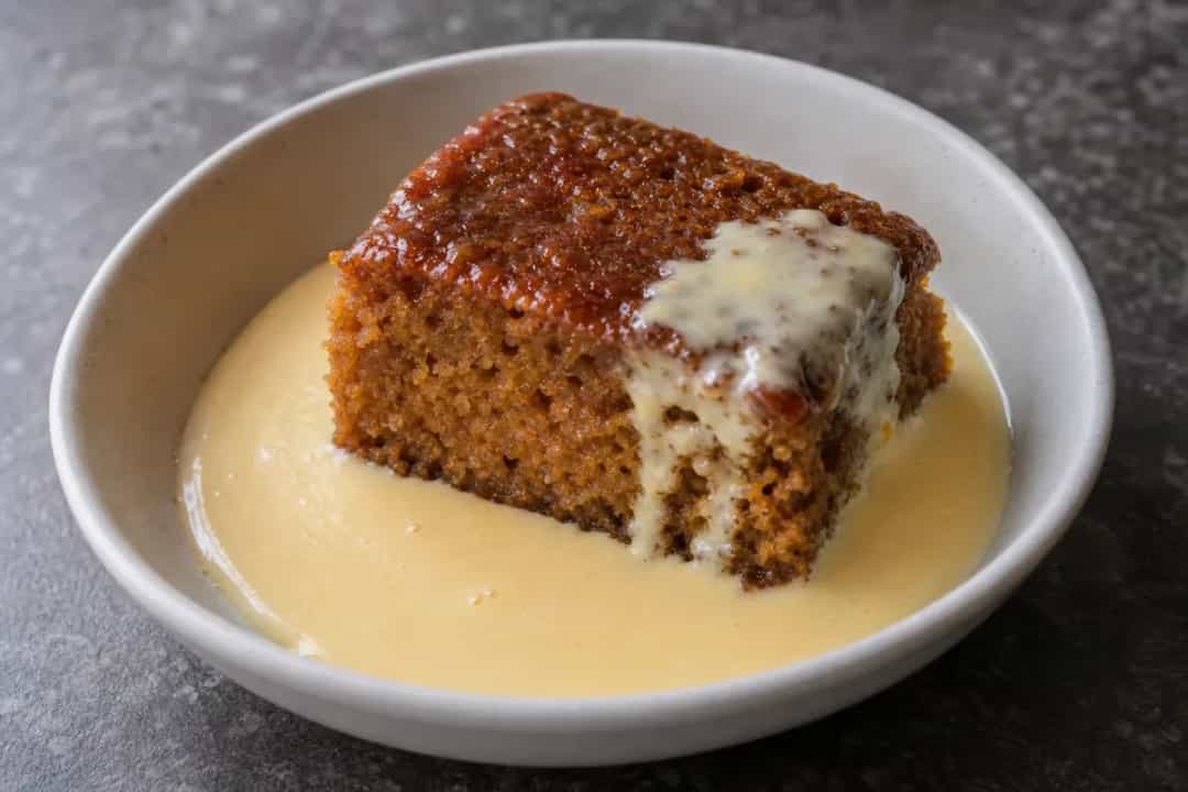 Golden malva pudding topped with creamy vanilla sauce and a sprig of mint.