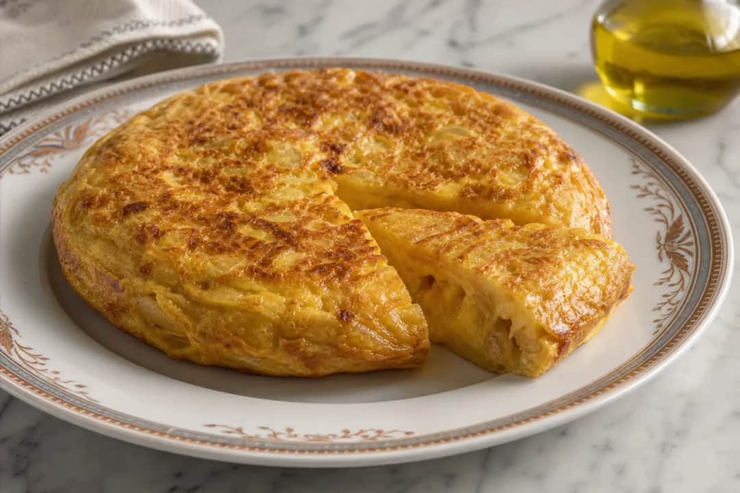 Sliced Spanish tortilla with creamy potatoes and golden crust on a white plate