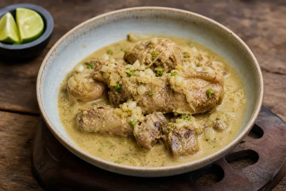 Tender chicken pieces in a creamy coconut curry sauce, garnished with fresh lime and herbs, served in a bowl.