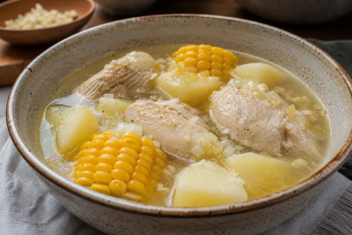 Hearty Colombian Ajiaco soup garnished with avocado, chicken, and corn.