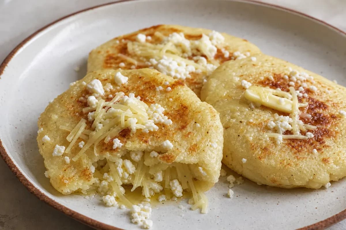 Golden brown arepas filled with melted cheese, garnished on a plate.