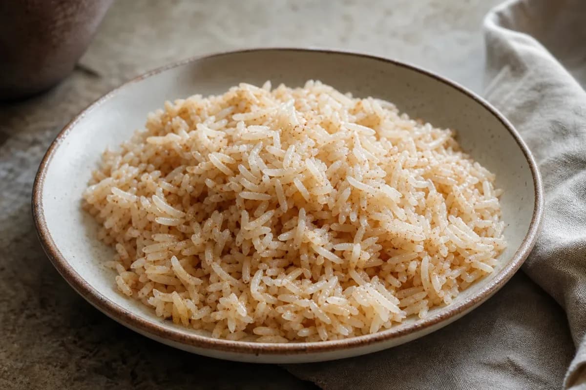 Creamy coconut rice topped with grated coconut and spices, served in a bowl.