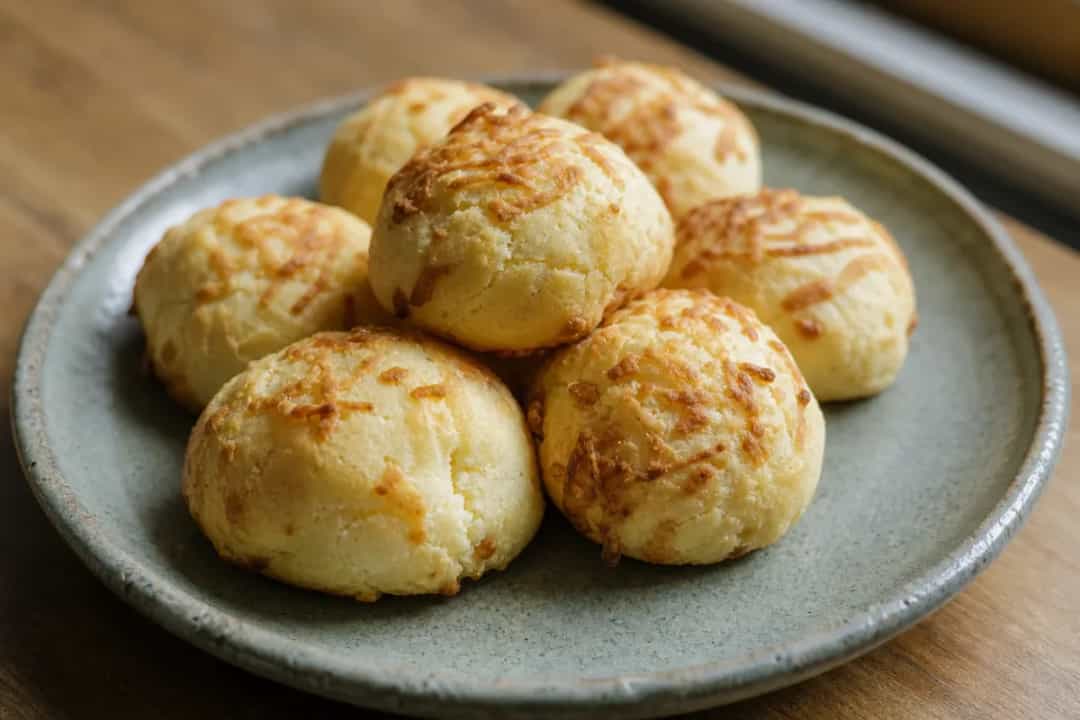 Golden-brown pandebono cheese bread with a crispy exterior, served on a rustic plate.