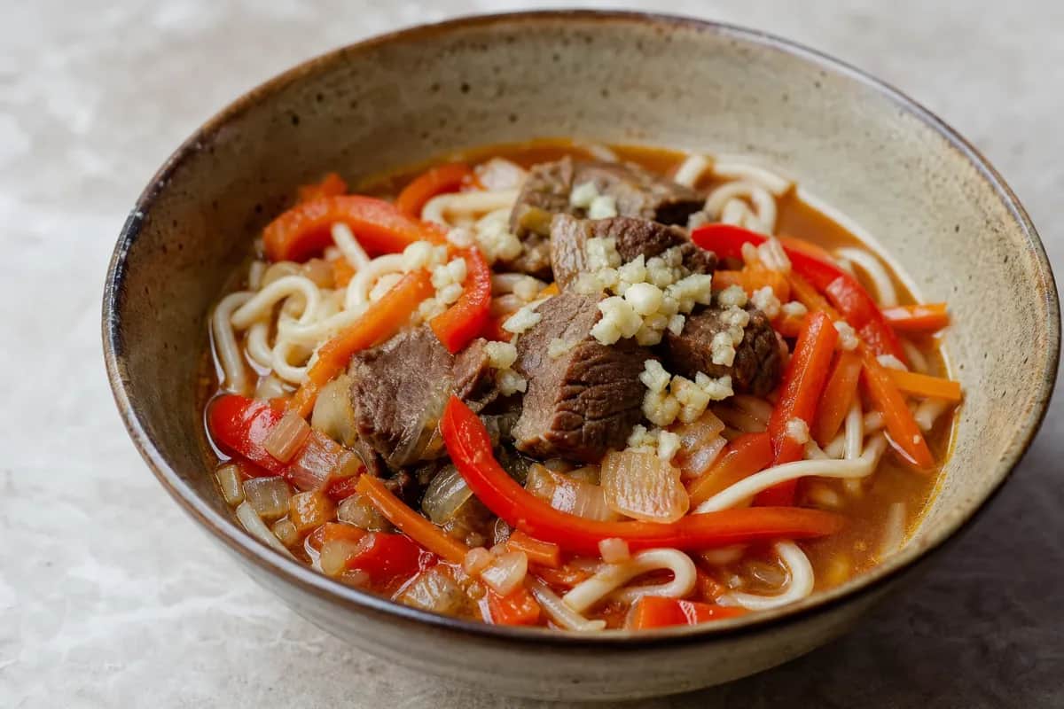 A hearty bowl of Lagman soup filled with beef, colorful vegetables, and noodles in a rich broth.