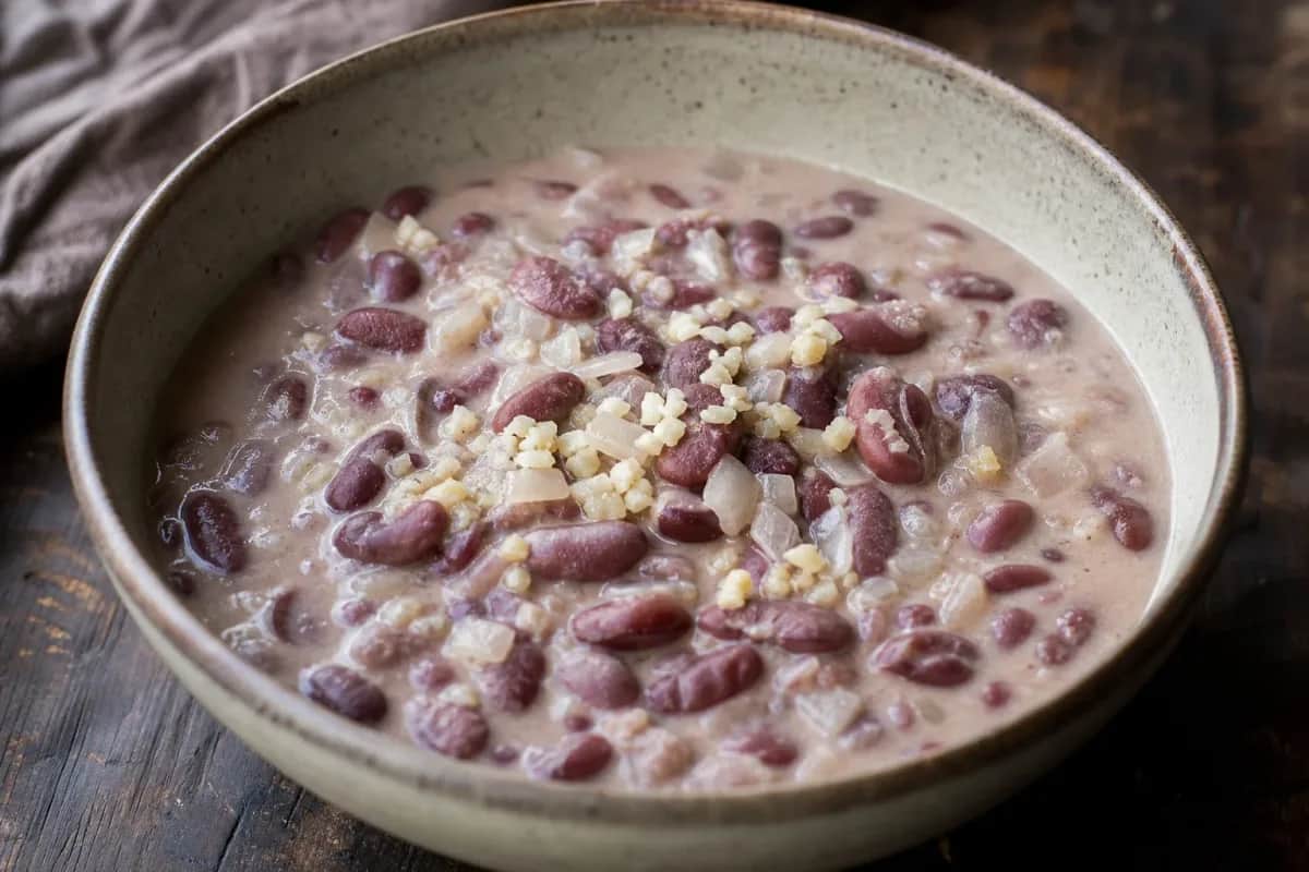 A bowl of Kenyan maharagwe with coconut milk, garnished with herbs and spices, showcasing creamy texture.