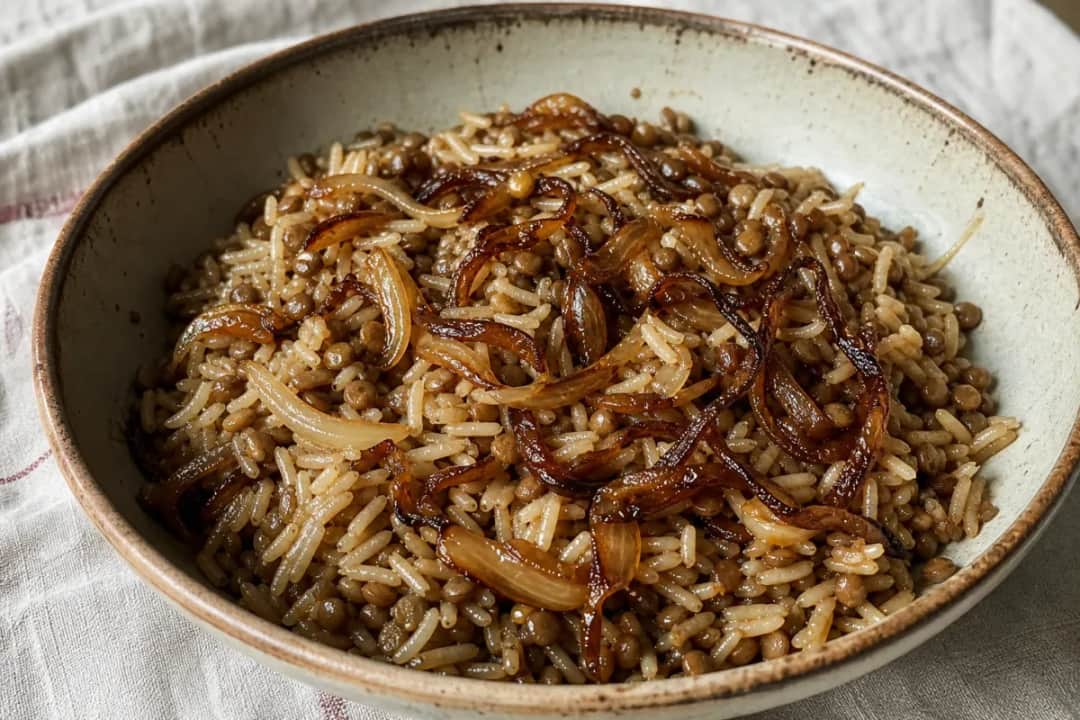 A warm bowl of Mujadara featuring lentils, caramelized onions, and a sprinkle of parsley on top.