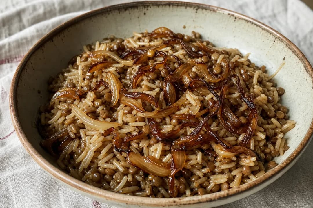 Close-up of Comforting Lebanese Mujadara with Lentils and Caramelized Onions, plated dish with natural food texture (vegan recipe)