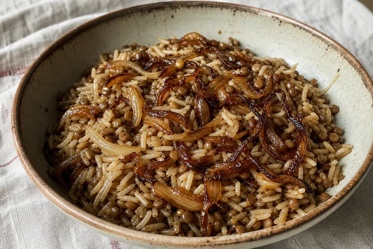 A warm bowl of Mujadara featuring lentils, caramelized onions, and a sprinkle of parsley on top.