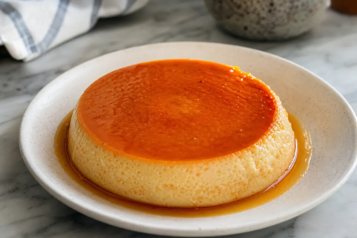 Smooth caramel custard flan topped with a glossy caramel layer, garnished elegantly.