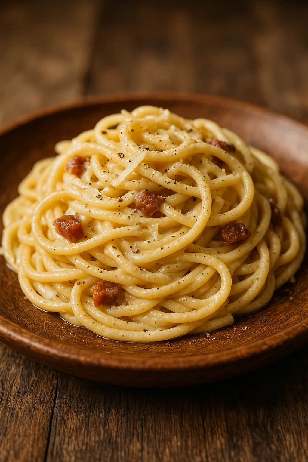 Close-up of authentic Italian Creamy Spaghetti Carbonara for a Delicious Dinner, plated dish with natural food texture