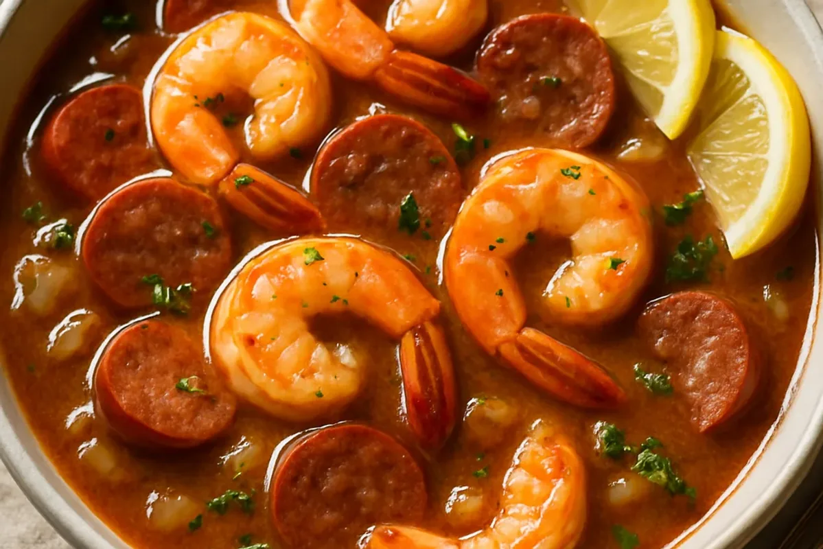 A bowl of Creole gumbo featuring shrimp, sausage, and a rich, dark roux topped with green onions.