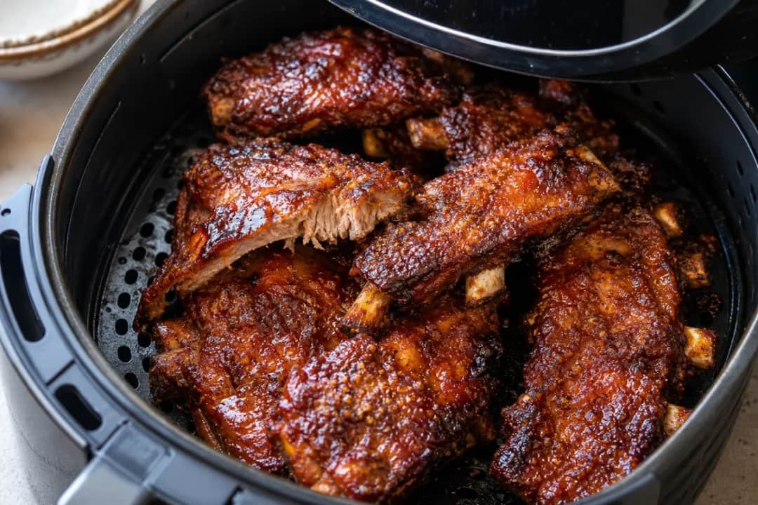 Crispy air fryer BBQ pork ribs glazed with a smoky sauce, garnished with fresh herbs.