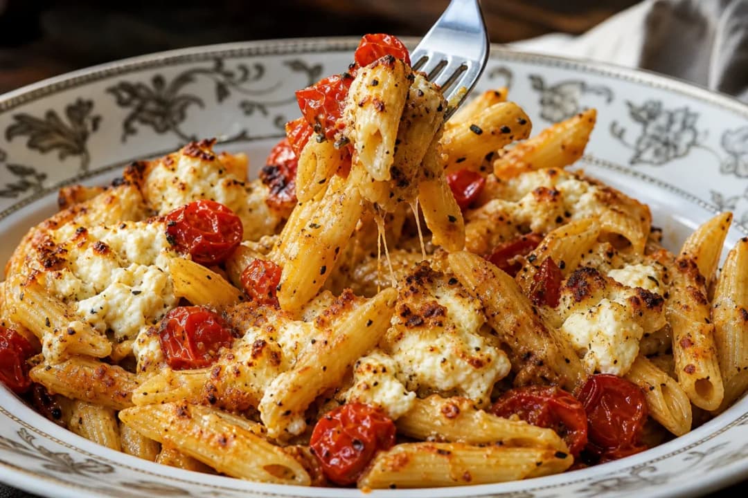 Crispy Baked Feta Pasta with Roasted Tomatoes and Herb Drizzle