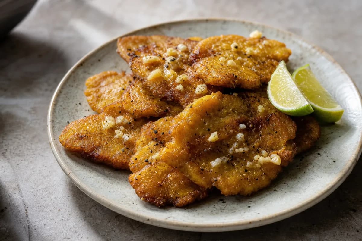 Golden brown twice-fried plantains served with garlic dipping sauce and garnished with fresh cilantro.