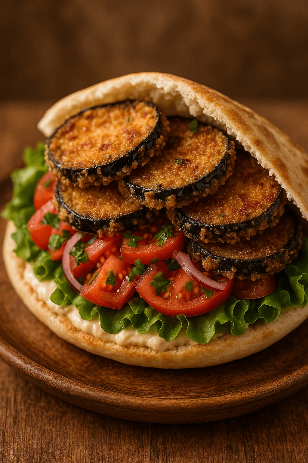 Close-up of Crispy Eggplant Pita Sandwich with Flavorful Fillings, assembled and ready to eat with visible layers (lunch recipe)
