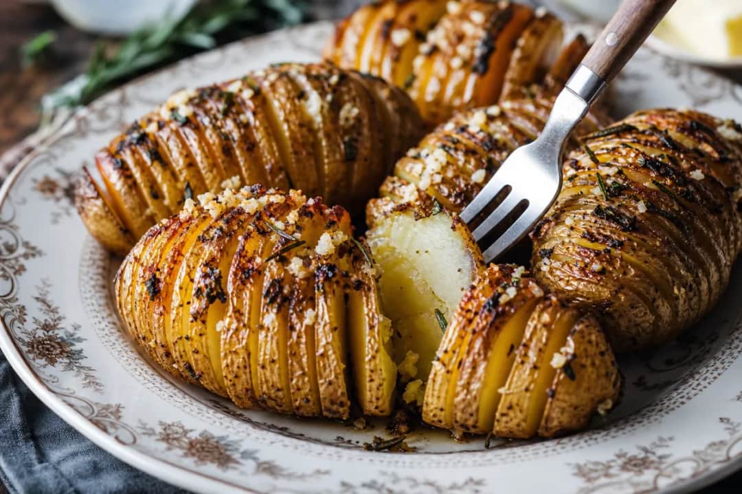 Plated Hasselback potatoes with a crispy texture, garlic butter glaze, and fresh herbs.