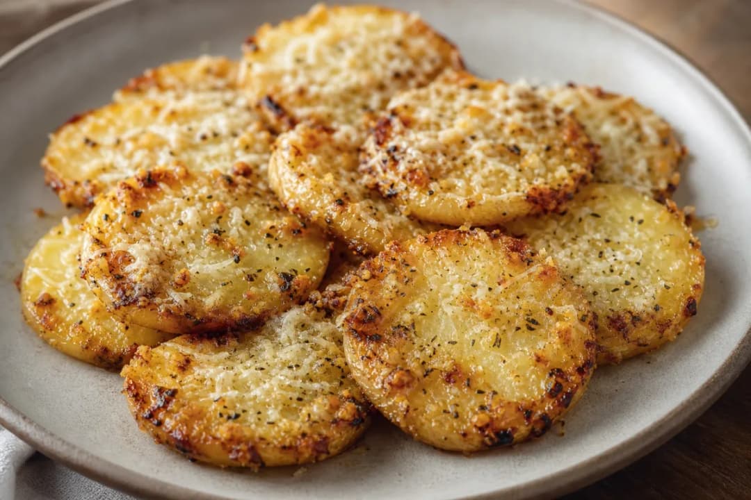 Close-up of Crispy Garlic Parmesan Potato Steaks with Herb Garnish, plated dish with natural food texture (vegetarian recipe)