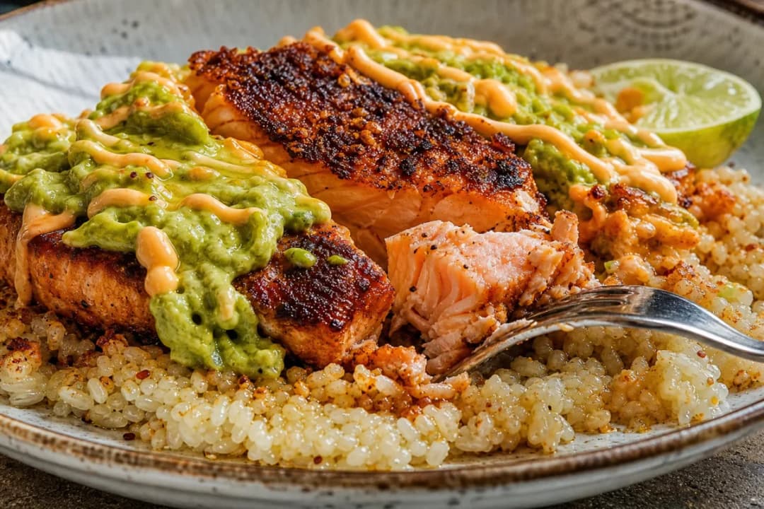 Crispy Rice with Spicy Salmon and Creamy Avocado Sauce
