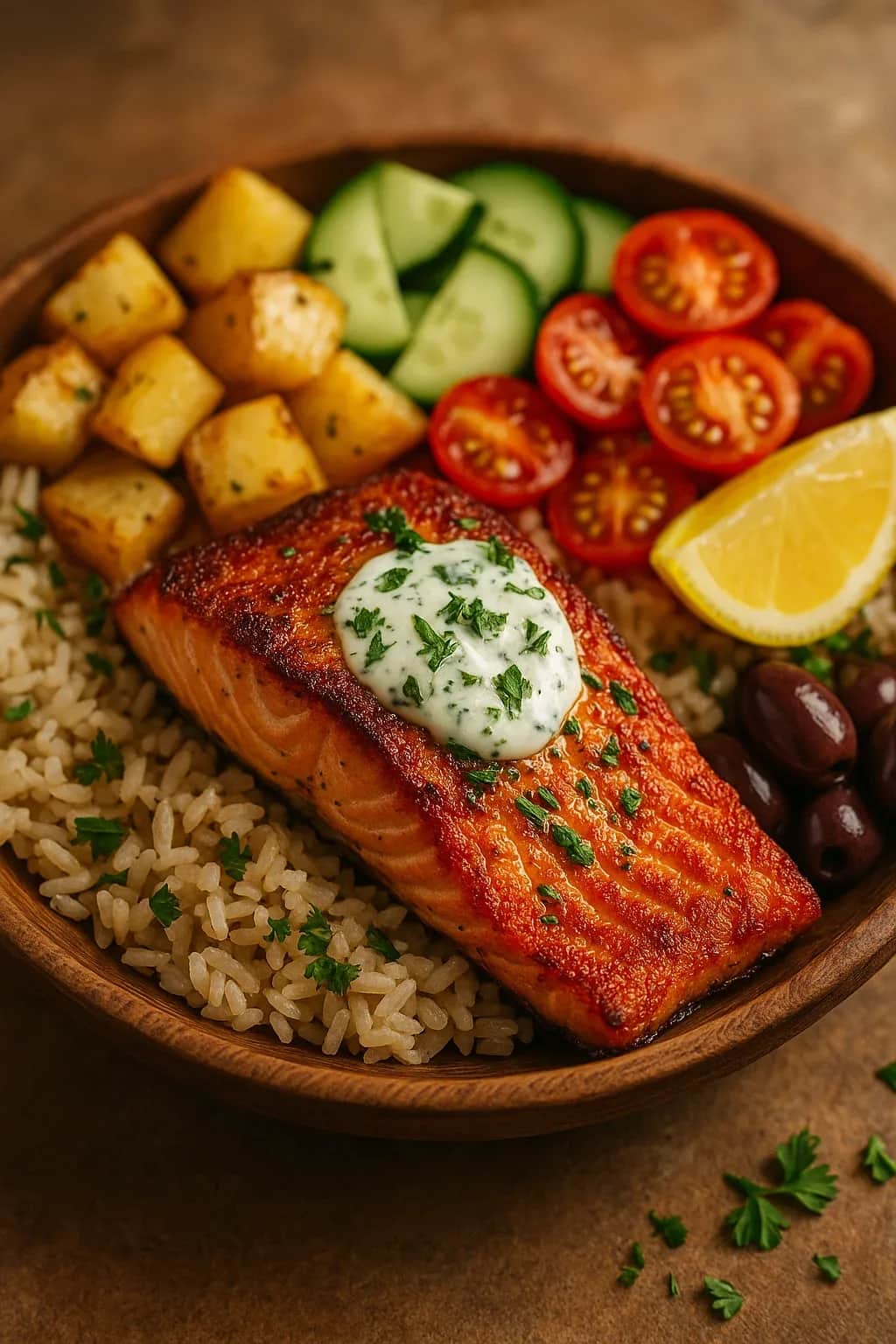 Crispy Sheet Pan Salmon Bowls with Garlic Herb Sauce — seafood recipe, beautifully plated and ready to serve