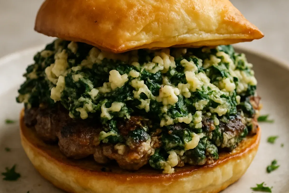 Crispy Spanakopita Smash Burger with Feta