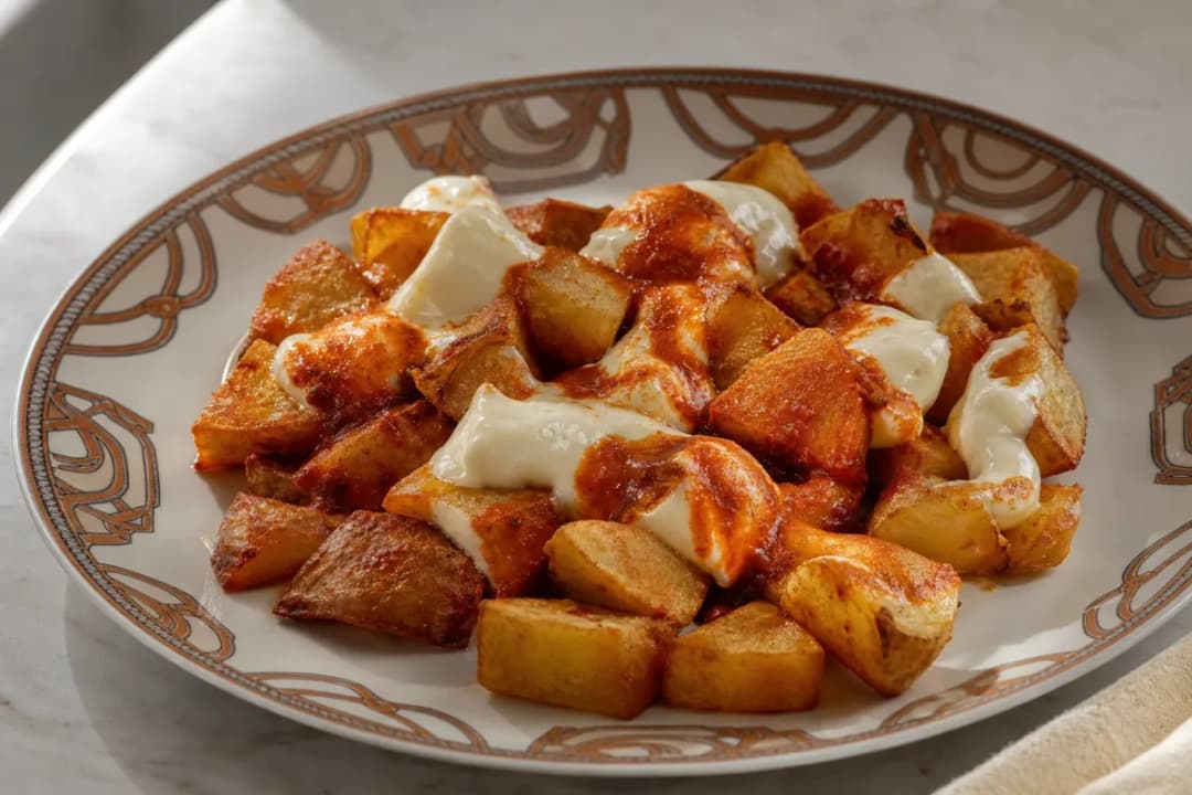 Crispy Spanish Patatas Bravas with Spicy Sauce & Homemade Aioli