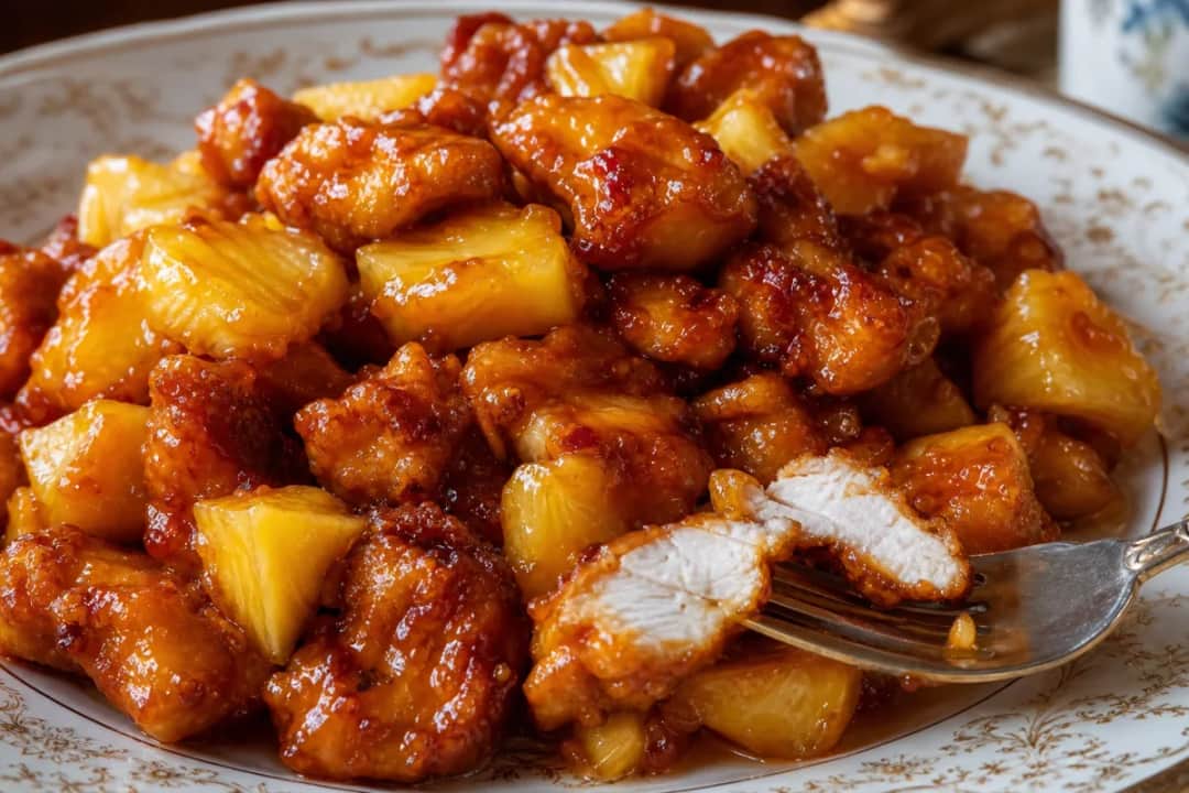 Plated crispy sweet and sour chicken with glossy sauce, colorful bell peppers, and pineapple chunks.
