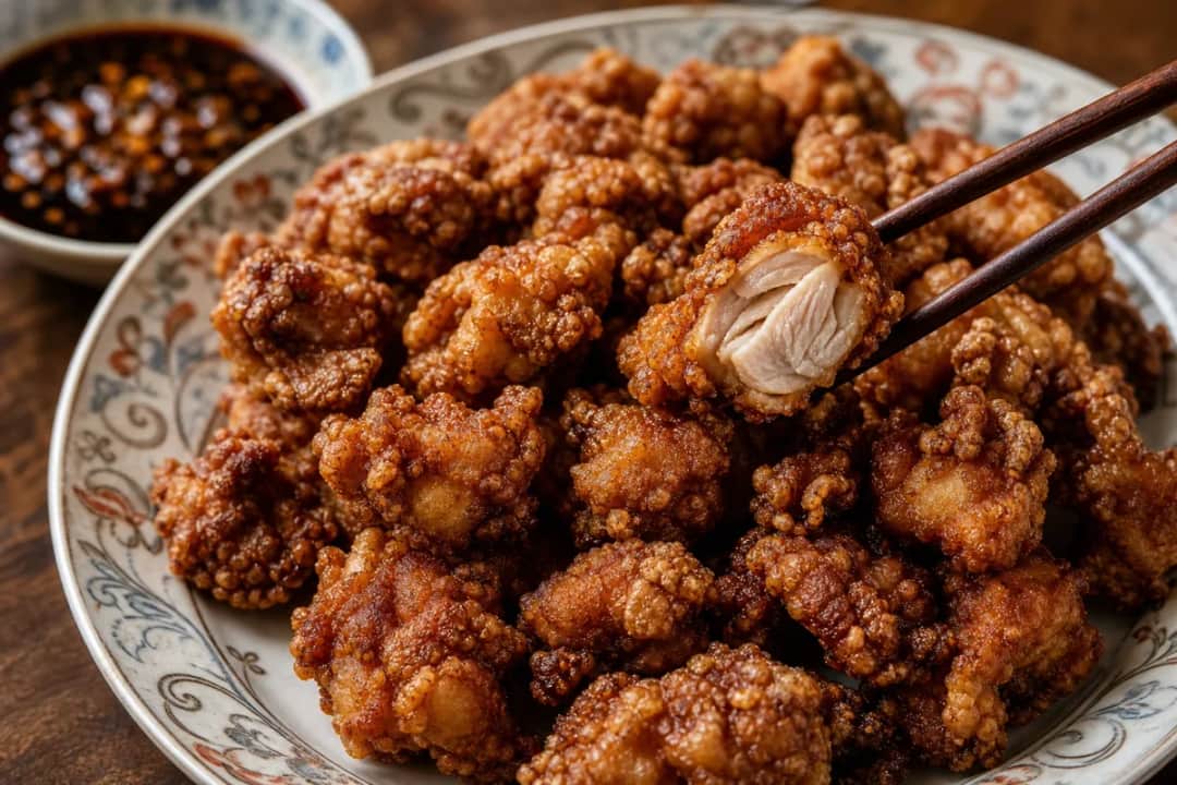 Plated crispy popcorn chicken garnished with fresh basil and served with a spicy garlic dip.