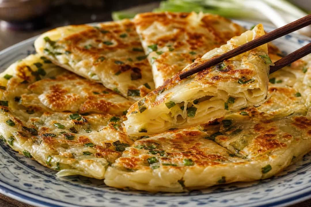 Golden-brown scallion pancakes with crispy layers and garnished with green onions.
