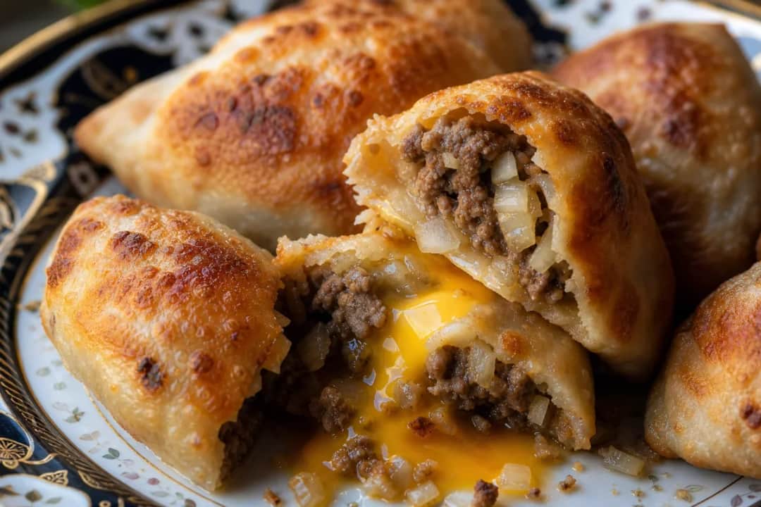 Golden crispy beef samsa pastry with cumin and onion filling on a plate.