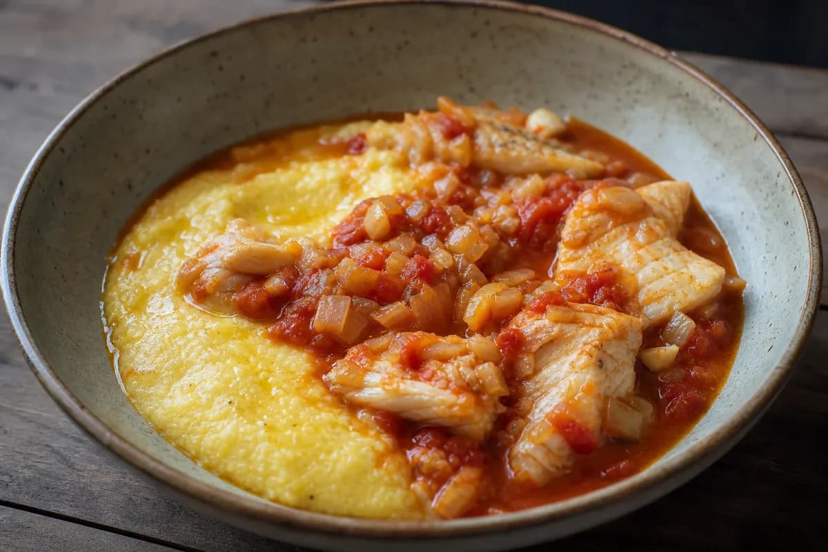 A hearty bowl of Croatian Brudet fish stew with tomatoes, served with creamy polenta, garnished with parsley.