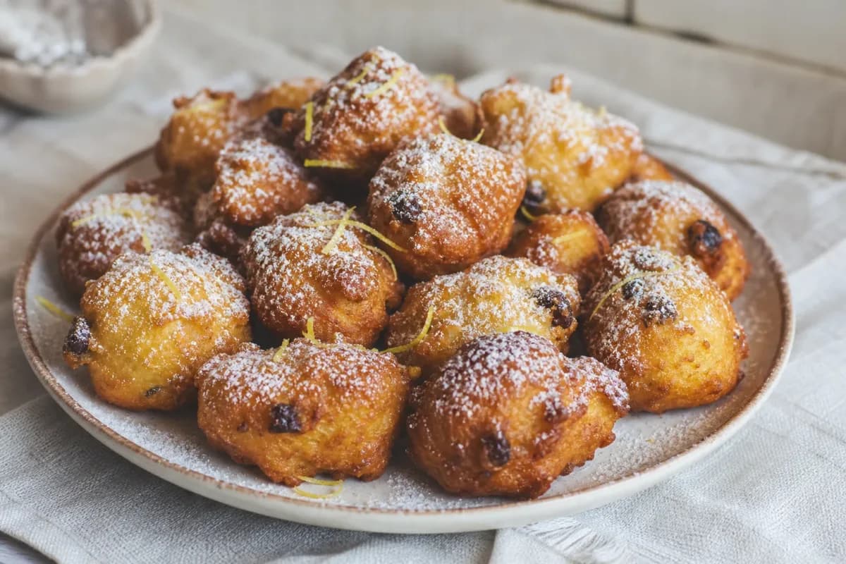 Croatian Fritule with Citrus, Raisins and Powdered Sugar