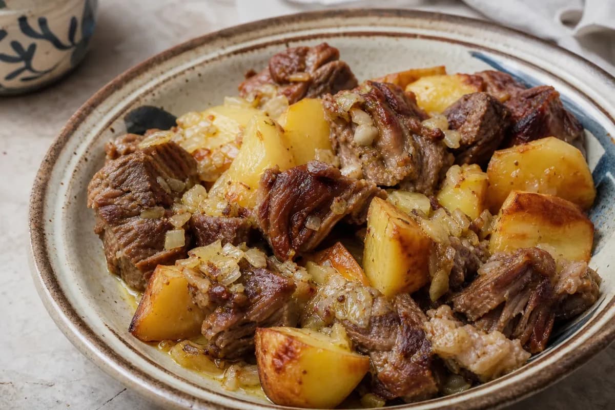 Tender lamb and golden potatoes cooked with herbs, served in a rustic dish.