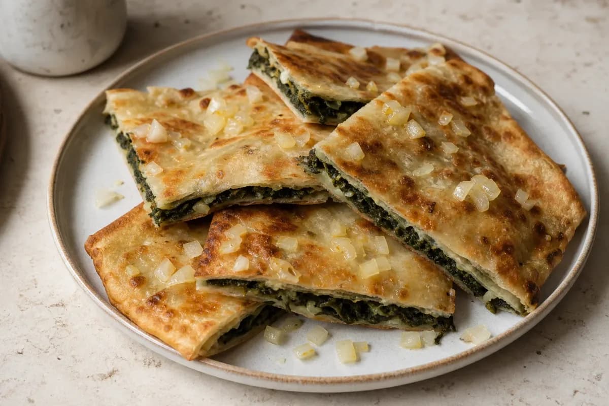 Golden-brown soparnik pastry filled with vibrant green Swiss chard, drizzled with olive oil and cut into squares on a rustic plate.