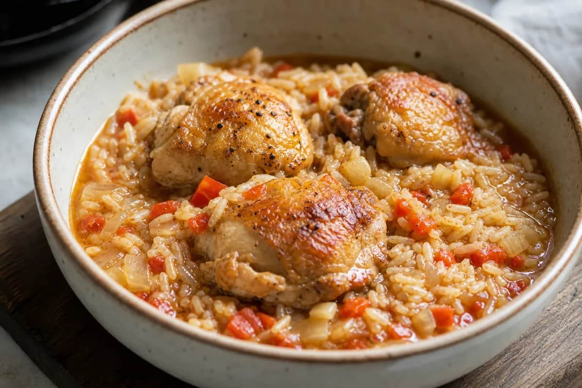 A vibrant plate of Cuban Arroz con Pollo with tender chicken, yellow rice, and colorful vegetables garnished with fresh herbs.